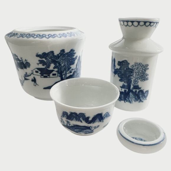 Vintage Hot Sake Cold Sake 4 Piece White and Blue Set - Picture 1 of 9